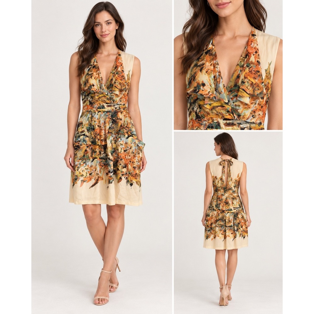 Tracy Reese New York Womens 10 Silk Dress Abstract Ruffle Pleated Fall Boho